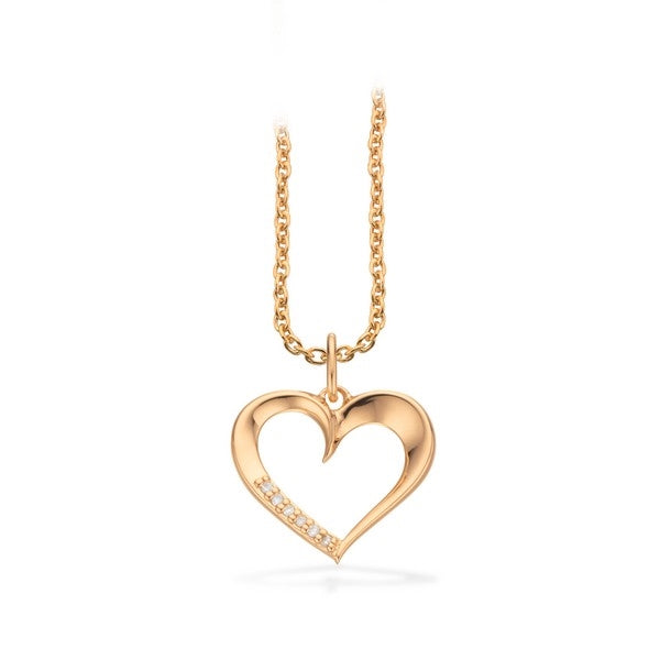 Scrouples hjertevedhæng i 14 kt guld med 0,03 ct diamanter og forgyldt sølvkæde 42 cm.